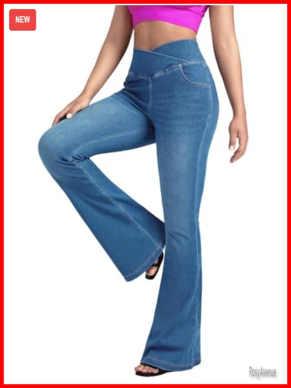 Women Flare Jeans High Rise Crossover Waistbell Bottom Stretch Knit Denim